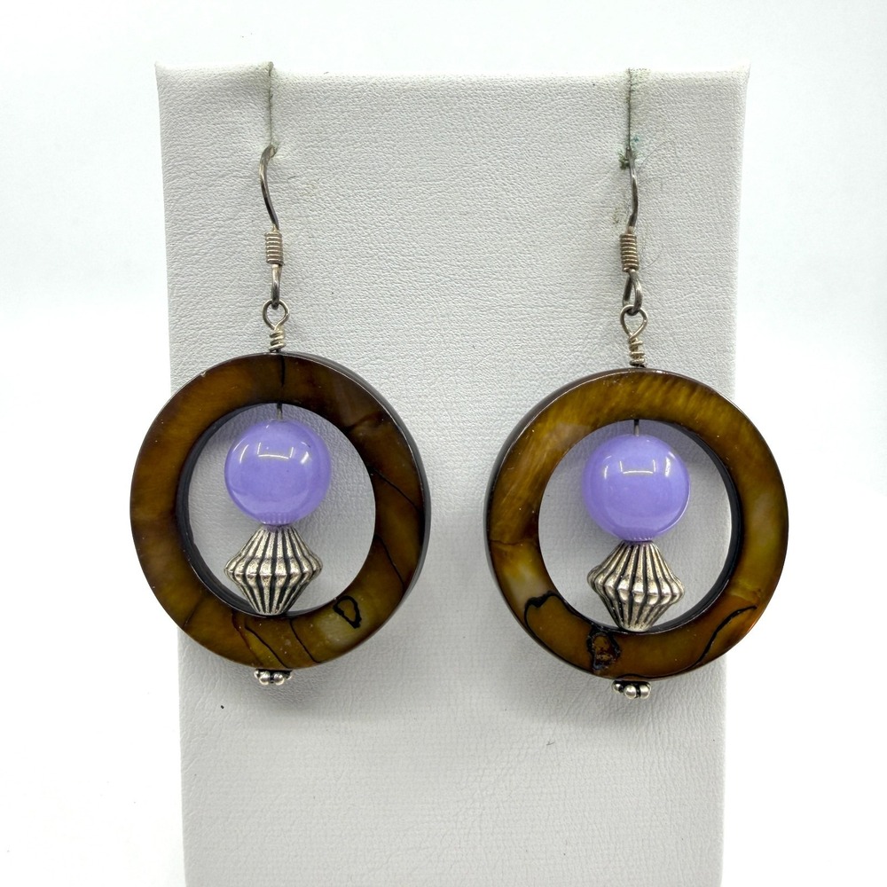 Natural Shell Hoop Earrings Purple Bead Silver Tone Accent Statement Dangle